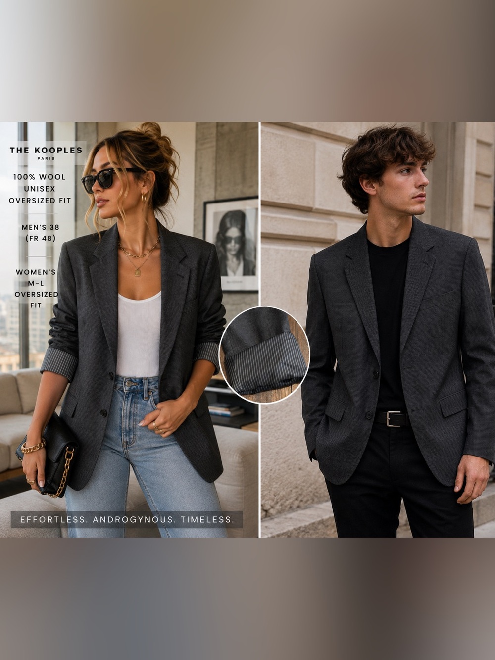 The Kooples Paris 100% Wool Gray Blazer FR 48 Unisex Oversized Boyfriend